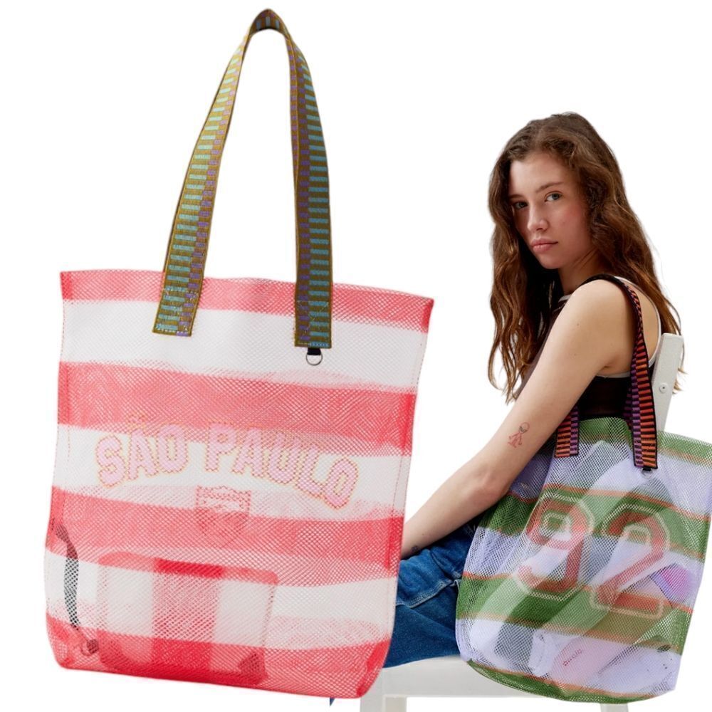 BDG striped Sporty Printed Mesh Tote Bag with long handles pouch included
